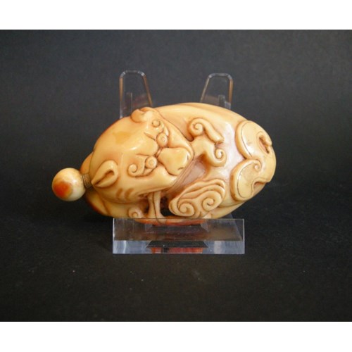 Rare Hornbill snuff bottle sculpted a Fodog with Lingzhi